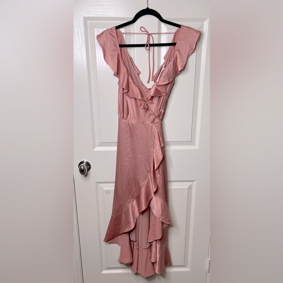 Astr Dark Blush wilshire Ruffle Wrap Open Back Midi High Low Dress, XS - Picture 2 of 16